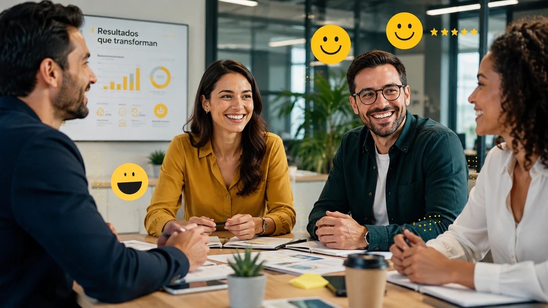 Equipo profesional satisfecho después de una experiencia de trabajo colaborativa