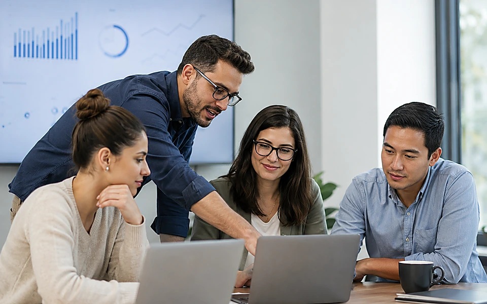 Equipo de trabajo colaborando frente a computadoras en una oficina moderna