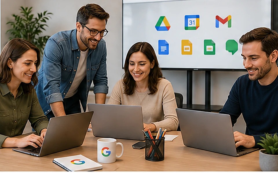 Equipo de profesionales trabajando de forma colaborativa en una oficina