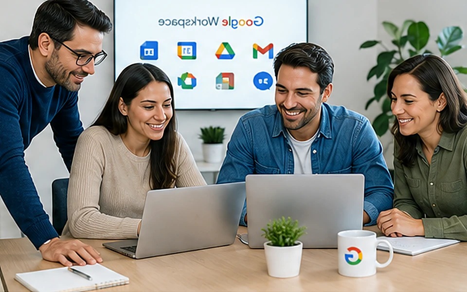 Profesionales colaborando con herramientas digitales en una oficina